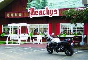 Bike out front of beachys restaurabt in Sugarcreek2 A day of riding is not complete without a home-cooked Amish meal like the ones they serve at Beachys in Sugarcreek.