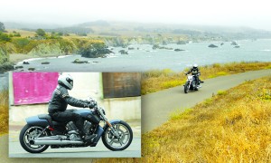 _TR29784 Background: Cruising the Pacific Coast in Northern California, the Muscle trundles along with ease. Inset: Step at rear of seat holds the rider in place during hard acceleration, but the seating position is uncomfortable.