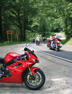 Bikes on the curves in the Hocking Hills State Forest.