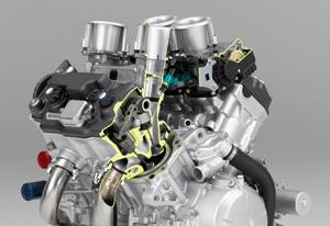 Cutaways show throttle-by-wire (top right) and Unicam single overhead cam (center), with direct actuation of intake valves and rocker-arm actuation of exhaust valves.