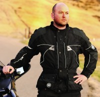 Greg modeling the BMG Discovery motorcycle jacket