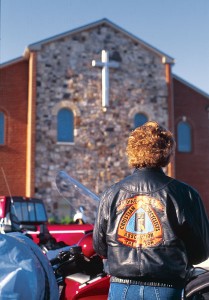 Members of Christian Motorcyclists Association at church in Monterey, Virginia
