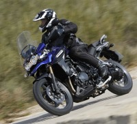 2012 Triumph Tiger Explorer: Metzeler Tourance EXP street-biased dual-sport radials provide plenty of grip on the road and are adequate offroad.