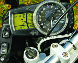 Instrumentation is basic, with an analog speedo, hard-to-read digital tach and digital readouts. Heated grips are optional.
