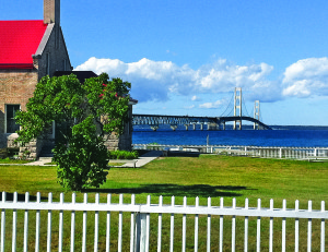SVB_05 The Straights of Mackinac bridge soars over the junction of Lakes Michigan and Huron. Steel decking and gusty crosswinds make for a white-knuckle crossing.