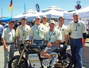 WEB-1 Team Moto-Electra includes (from left) James Madison University student Samuel Osterhout, JMU student Evan Bowen, builder Brian Richardson, JMU Laboratory Operations John Wild, rider Thad Wolff, JMU student Robbie Hurlbrink and JMU Professor Rob Prins. (Photo by Moto-Electra Racing)