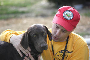 WEB-Hershey 02 - Credit photo Mac McKechnie (Medium) The author, an amateur dog whisperer, connects with Hershey at the Hammond family farm in Martinsville, Illinois. (photo by Mac McKechnie)