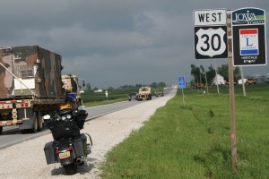 We’re on U.S. 30, with a Lincoln Highway sign indicating this is where the original road ran; some National Guardsmen are headed off for weekend warrioring.