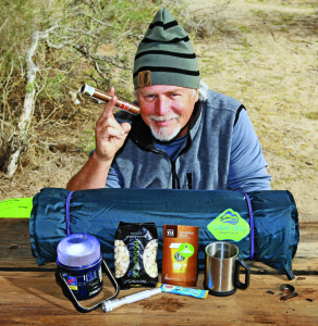 web-IMG_6951 Rich needs little besides a good cigar, Dorcy focusing lamp, Therm-a-Rest inflatable pad, pistachios and Starbucks instant coffee.