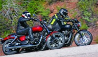 Triumph’s Speedmaster cruiser and Thruxton café racer are two distinctly different retro motorcycles based upon the same engine.