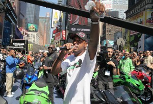 Rickey Gadson, an AMA Prostar Drag Racer, gave credit to Kawasaki for hosting an impressive launch party in Times Square.