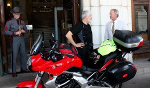 Rhode Island Governor Lincoln Chafee (right) happened to walk by, so Bob Fortuna (center) requested a gubernatorial proclamation regarding Prostate Cancer Awareness Month. (Photo by Scott A. Williams)