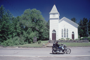 web-Hudson_FPO_B Mad Dog riding by the Haines Falls Methodist Church heading for North-South Lake Public Campground (CR 18).