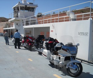 3- On the Ferry at Halls Crossing on Lake Powell, Utah, continuing on Highway 278 where Uncle Ernie said there was a bridge, according to his GPS. Darn technology….