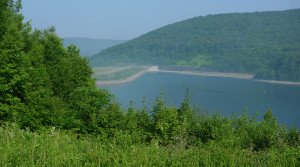 web-bike reservoir4 (1 of 1) Some haze clings to the hills near the western shore of the Cannonsville Reservoir, which extends over 16 miles of the West Branch of the Delaware River.