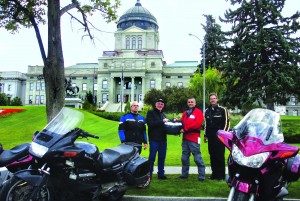 In the wide-open West, riders worked to keep the pack moving since riders were few and far between. Left to right in Helena, Montana, are Bill Burch, George Catt, Larry Robinson and Alan Armstrong. (PHOTO BY GEORGE CATT)