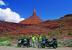 As a tribute to our favorite motorcycle writer, Ted and I donned berets and posed for a photo in Castle Valley, Utah, east of Moab. Castleton Tower is in the background.