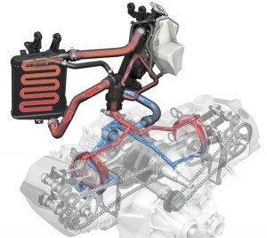 BMW R 1200 GS cooling system The new GS uses “precision cooling” to route coolant to the most thermally stressed areas—the cylinder heads and between the valves. Air still accounts for the majority of total cooling (65% versus 78% before), which allows the dual radiators to be small and well hidden.