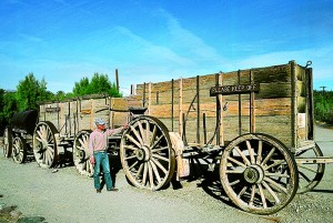 web-DeathValley38 A hundred years ago the workers would fill the two wagons with borax, the tanker with water, and take off on a two-week trip to the processing plant in Mojave.
