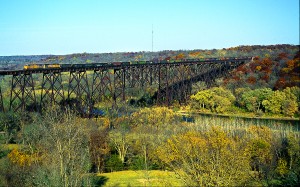 Wyoming’s coal moves east and Iowa’s grain moves west across the century-old, double-track Kate Shelley Bridge.