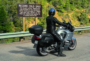 web-Montana_16 Halting on the RT atop Fleischer Pass, the site of the coldest temperature ever recorded in the continental United States.