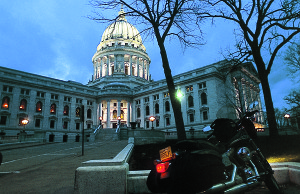 web-Wisconsin_3 Color comes to the capitol: Clouds part on the author’s final evening in Wisconsin, affording a memorable “Harley moment” in front of Madison’s architectural focal point.