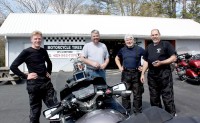Other long-time and far-away customers of Keel Brother Motorcycle Tires came along for the ride when your humble scribe got new “tars.” (l – r) Chris McKnight from Ontario (via Scotland); co-owner Tim Keel; Bob Fortuna from Rhode Island (via New Jersey); Steve Efthyvoulou from New Jersey (via Cyprus).