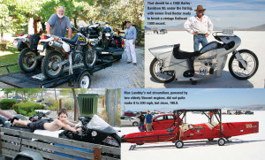 Top Left: Leaving home, with the two DRs on the trailer, the Bonnie in the back of the pickup, and 800 miles to go before arriving at the salt flats. Bottom left: Marcellus Omer is the youngest of the Sodium Distortion gang, and is eager to turn 16 so that he can hone his go-fast skills.