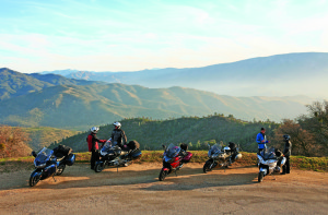 As sport tourers have added more and more features, their curb weights have steadily increased—ranging from 626 pounds on the BMW R 1200 RT to 757 pounds on the BMW K 1600 GT. Though they feel lighter on the go, pushing them around on uneven surfaces—such as this pullout on Caliente-Bodfish Road—requires muscle.