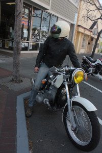 A BMW rider enjoys motorcycle-only parking in front of the Black Lightning Motorcycle Cafe. (Photos by Callista Hesseltine)