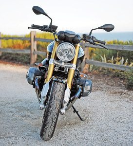 Gold-anodized 49mm male-slider fork is from the S 1000 RR sportbike. It’s a bit soft and dives under braking, but offers a comfortable ride.