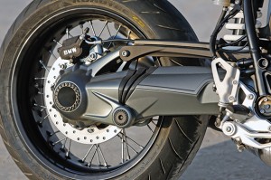 The nineT doesn’t have a centerstand, and its black-anodized spoked wheels carry tubes, so ride around sharp objects.