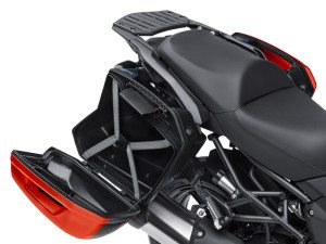 The Kawasaki Quick Release (KQR) saddlebags hold 28 liters each (enough for a full-face helmet) and are color- and key-matched to the bike.