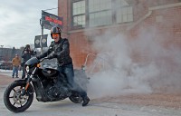 Harley-Davidson removed a brick from the historic front entrance of its Millwaukee headquarters using a 2015 Harley-Davidson Street 750 motorcycle.